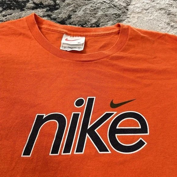 Vintage 90s Nike Made in USA White Tag Orange Spellout T-Shirt XL - Picture 2 of 6